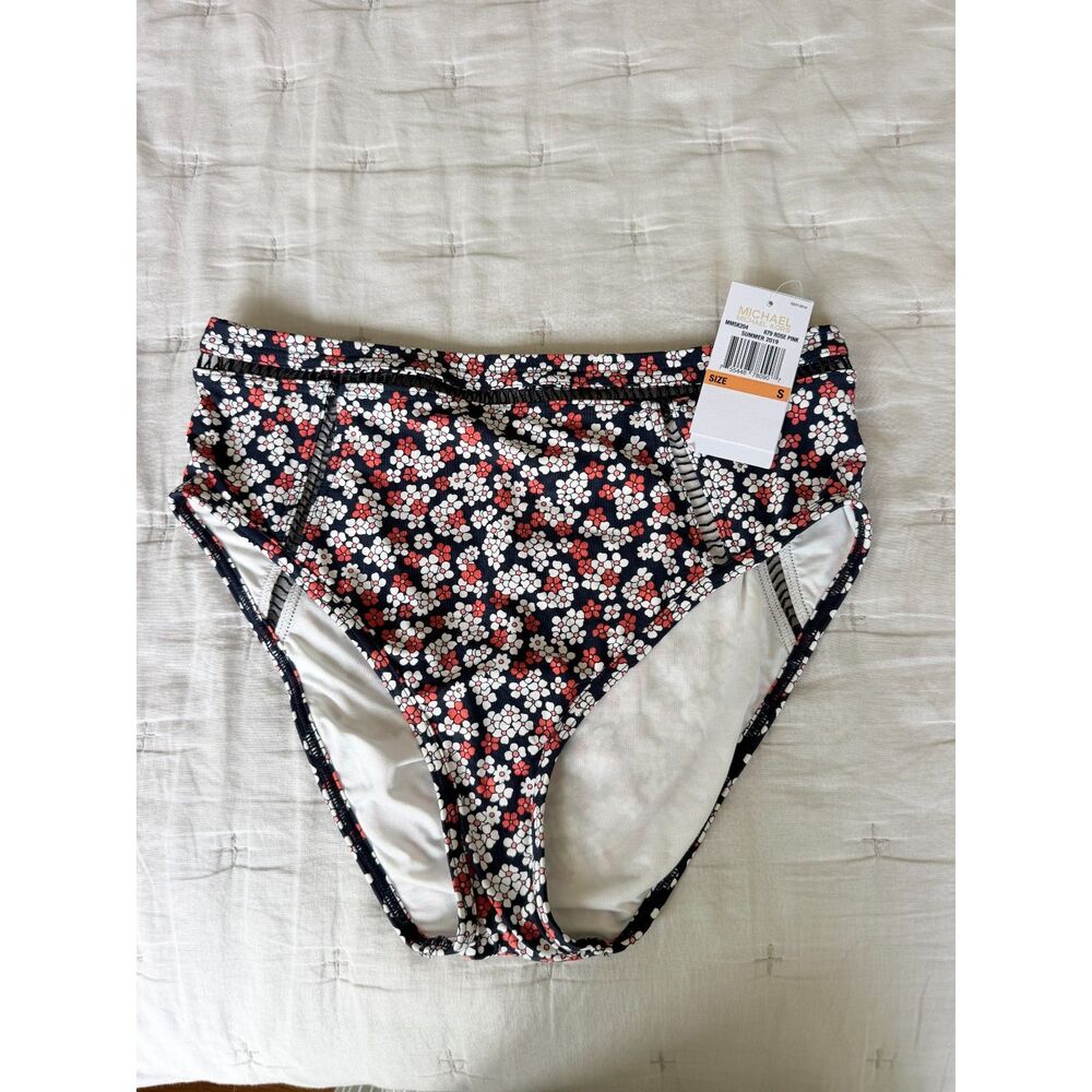 Michael Kors High-Waist Cutout Bikini Bottom Floral Navy Size S NWT
